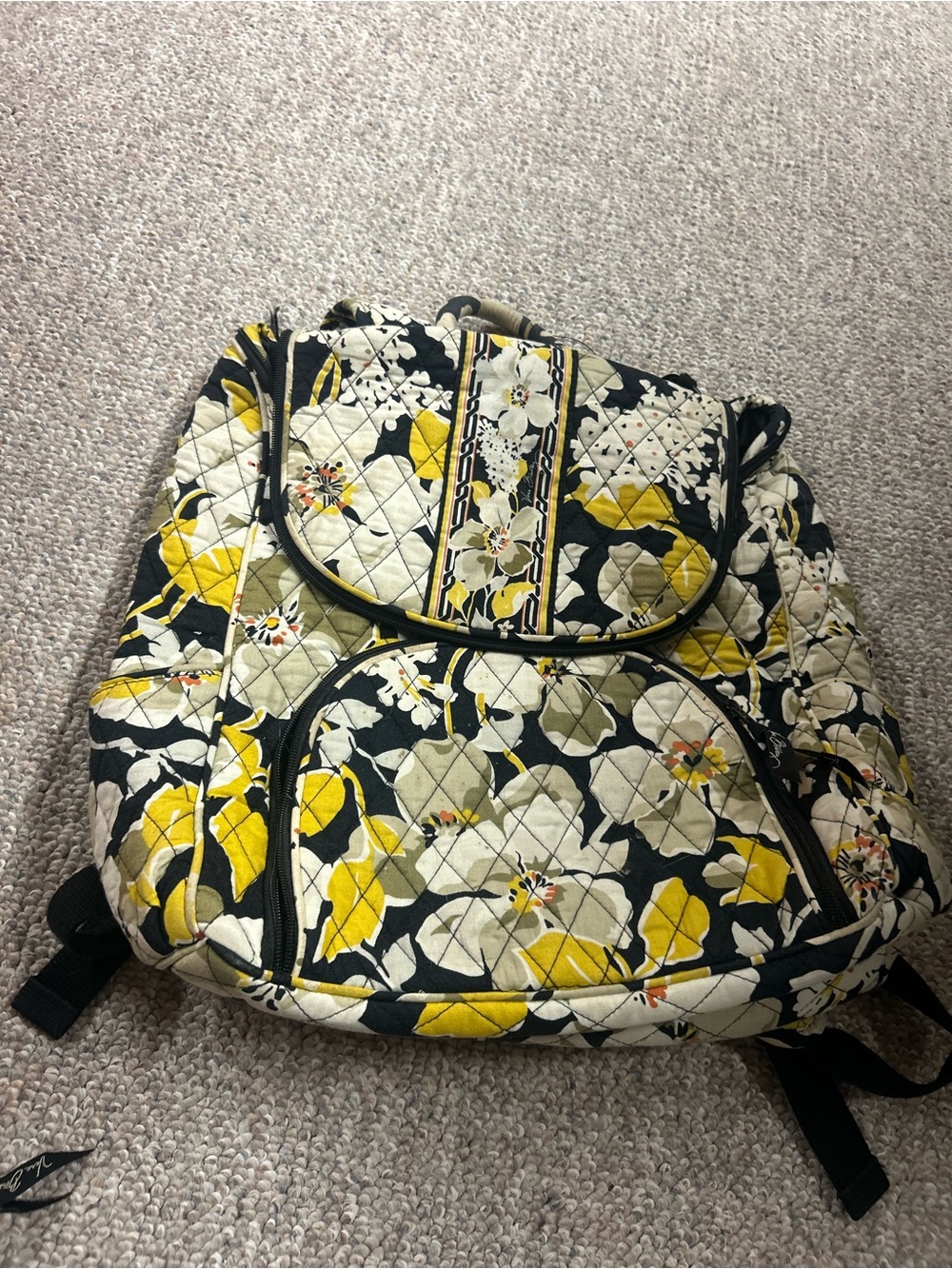 Vera Bradley Quilted Floral Backpack in Yellow, Cream & Black